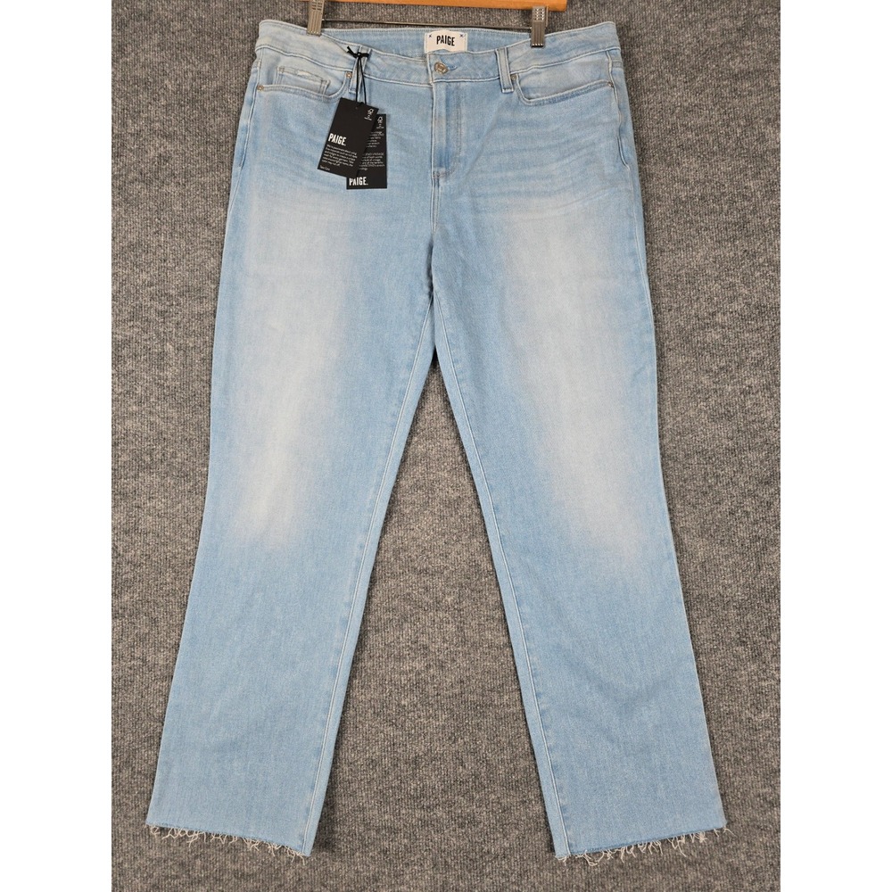 NWT PAIGE Amber Mid Rise Straight Ankle Jeans Raw Hem Light Wash Women's Size 34